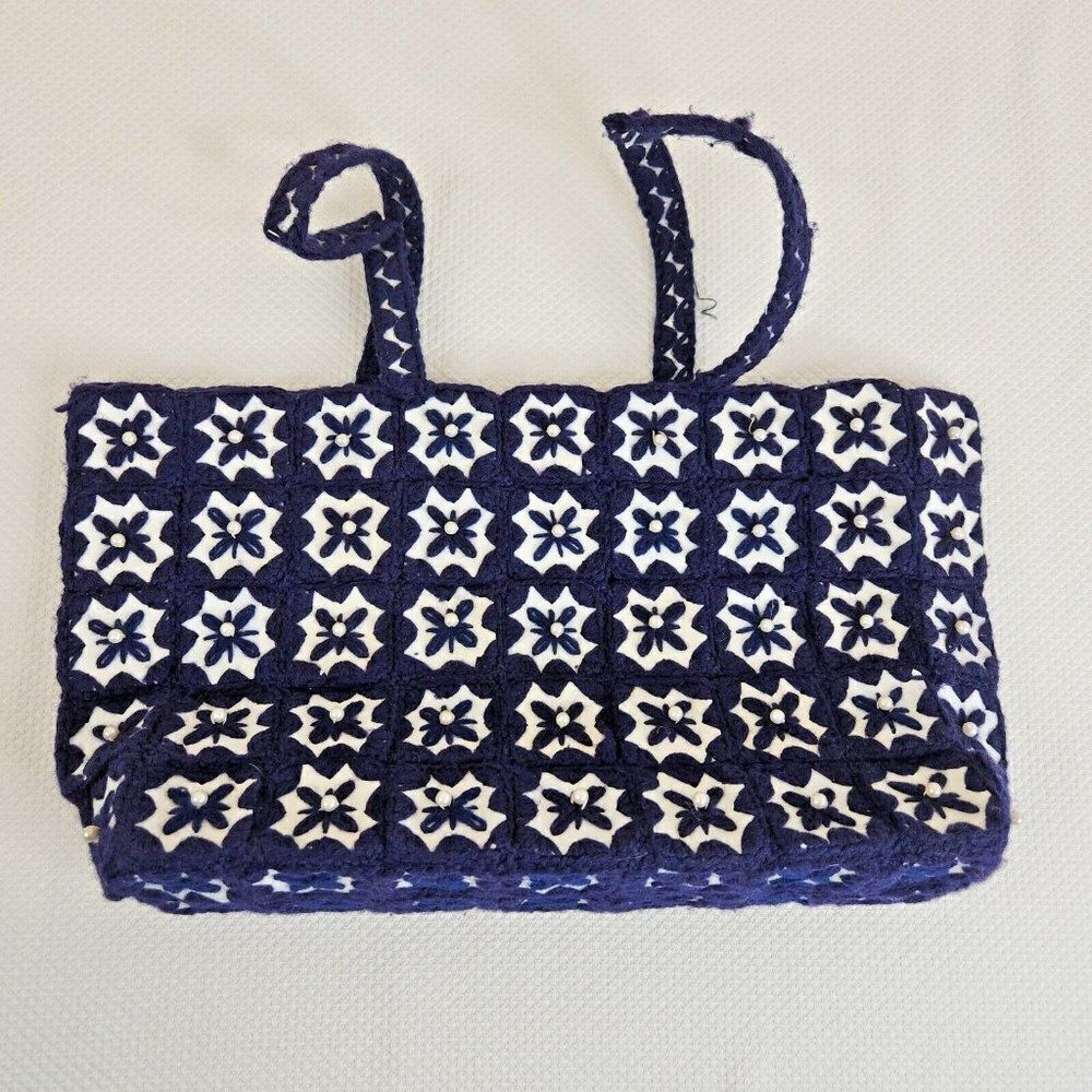 Vintage 60s Navy Blue Granny Square Purse Handbag Pocketbook Crochet Yarn Boho